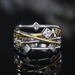 💞Multi Layer Glitter Square Shape Zircon Gold  Stackable Fashion Ring,UNVN12118
